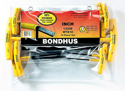 Bondhus 13338 - Set of 10 Graduated Length Hex T-Handles 3/32-3/8