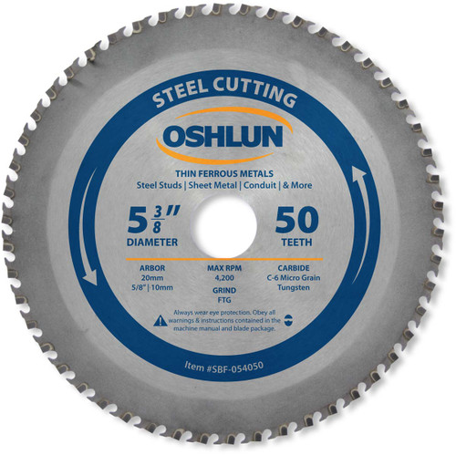 Oshlun SBF-054050 5-3/8-Inch 50 Tooth FTG Saw Blade with 20mm Arbor (5/8-Inch and 10mm Bushings) for Thin Mild Steel and Ferrous Metals