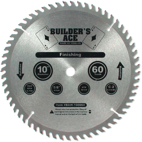 Oshlun BAW-100060 10-Inch 60 Tooth Builder's Ace Finishing ATB Saw Blade with 5/8-Inch Arbor