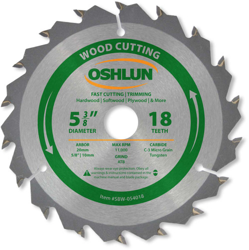 Oshlun SBW-054018 5-3/8-Inch 18 Tooth ATB Fast Cutting and Trimming Saw Blade with 20mm Arbor (5/8-Inch and 10mm Bushings)