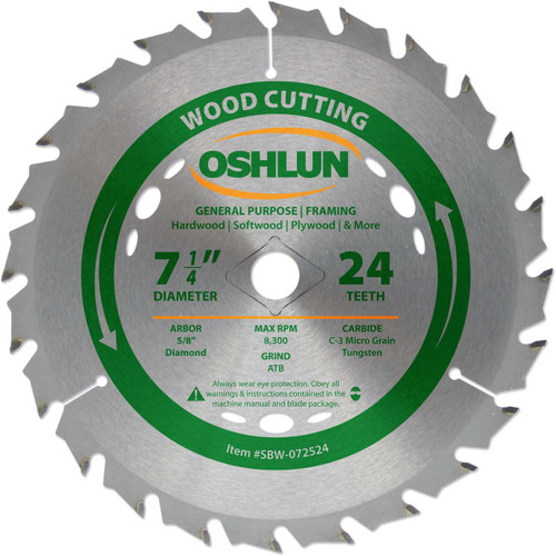Oshlun SBW-072524 7-1/4-Inch 24 Tooth ATB General Purpose and Framing Saw Blade with 5/8-Inch Arbor (Diamond Knockout)