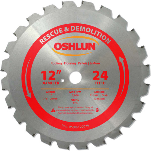 Oshlun SBR-120024 12-Inch 24 Tooth FTG Saw Blade with 1-Inch Arbor (7/8-Inch and 20mm Bushings) for Rescue and Demolition