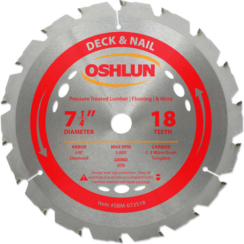 Oshlun SBM-072518 7-1/4-Inch 18 Tooth ATB Deck and Nail Saw Blade with 5/8-Inch Arbor (Diamond Knockout)