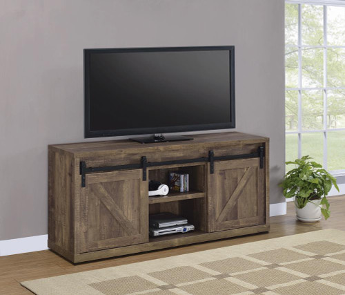 59-Inch 3-Shelf Sliding Doors TV Console Rustic Oak