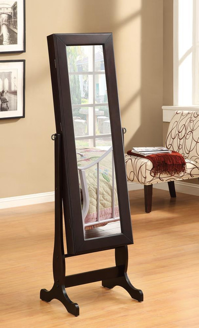 Transitional Cappuccino Cheval Mirror and Jewelry Armoire (901805)