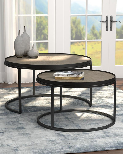 2-Piece Round Nesting Tables Weathered Elm