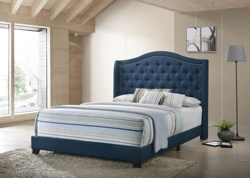 Sonoma Eastern King Camel Headboard Bed With Nailhead Trim Blue