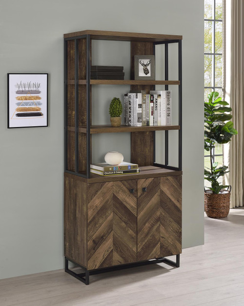 Millbrook 2-door Bookcase Rustic Oak Herringbone and Gunmetal