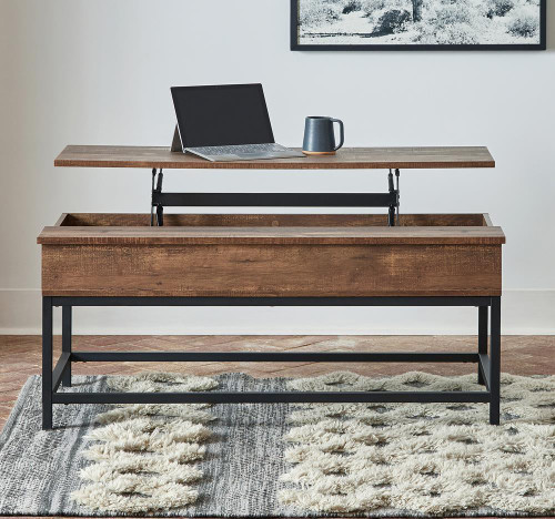 Byers Black Coffee Table with Hidden Storage Brown Oak and Sandy Black