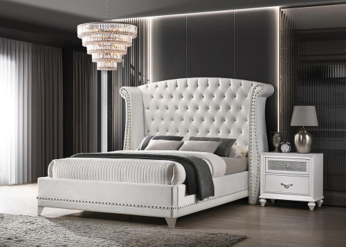 Barzini Upholstered Bed White Velvet Barzini Eastern King Wingback Tufted Bed White (300843KE)