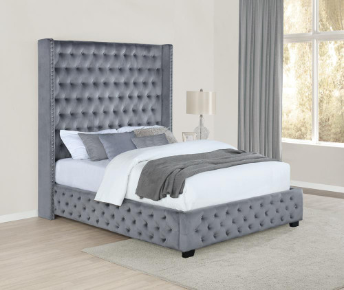 Rocori Upholstered Bed Grey Velvet Rocori Eastern King Wingback Tufted Bed Grey (306075KE)