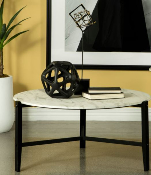 Tandi Round Coffee Table Faux White Marble and Black