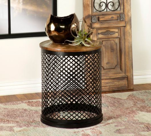 Aurora Round Accent Table with Drum Base Natural and Black