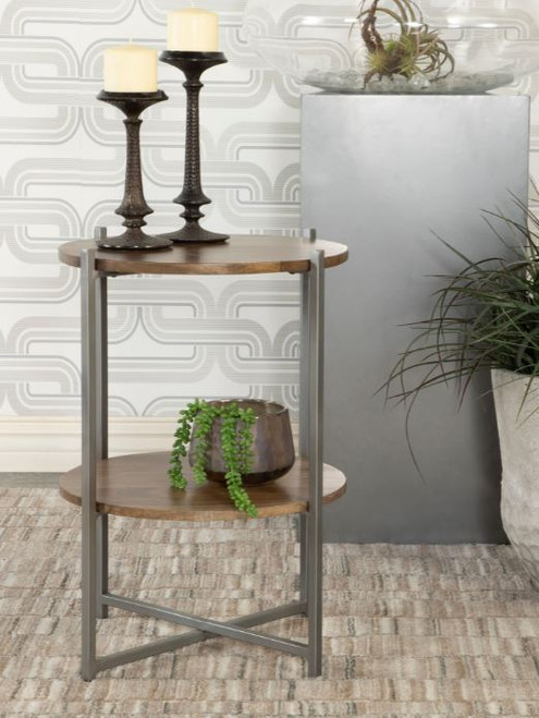 Axel Round Accent Table with Open Shelf Natural and Gunmetal