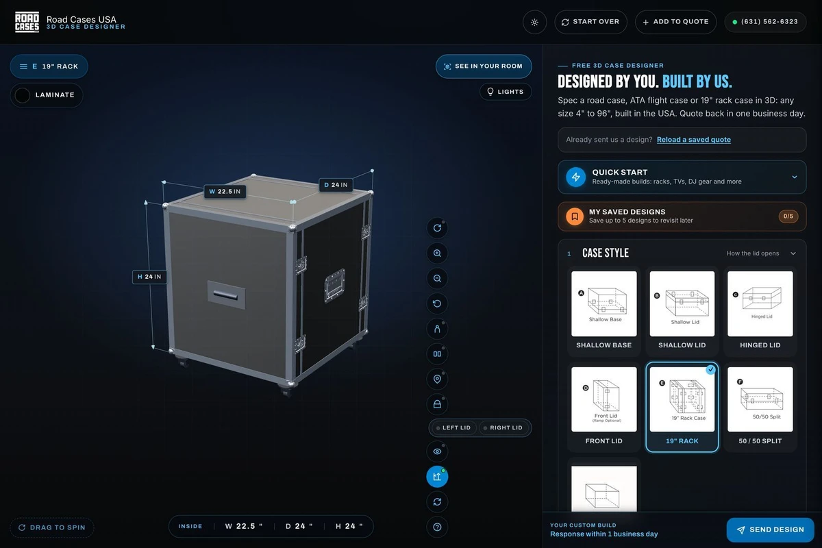 The Road Cases USA 3D case designer showing a 12U 19 inch rack case with dimensions labeled, next to the case style picker
