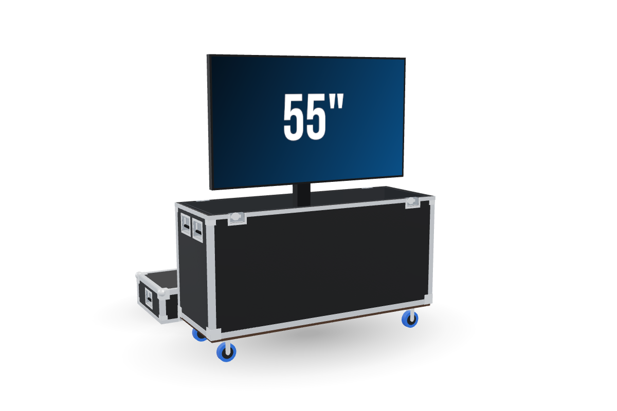 Electric lift road case with the lid off and a 55 inch screen raised
