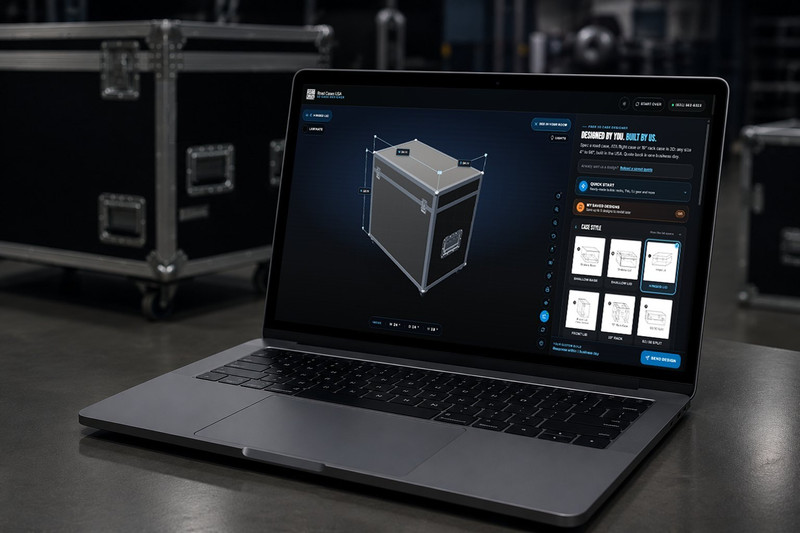 The Road Cases USA 3D case designer open on a laptop