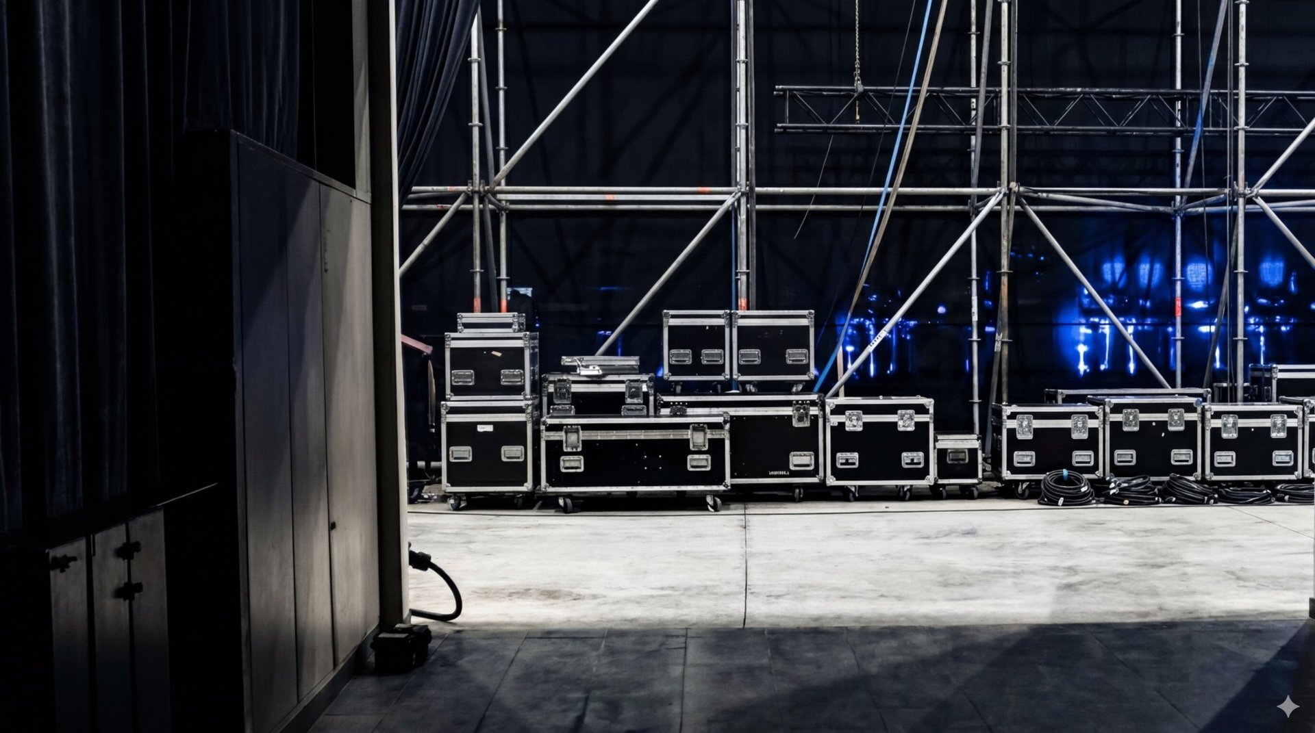 Road cases backstage at a live event