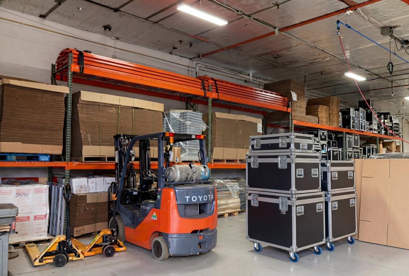 Road Cases USA warehouse with forklift and stacked custom cases