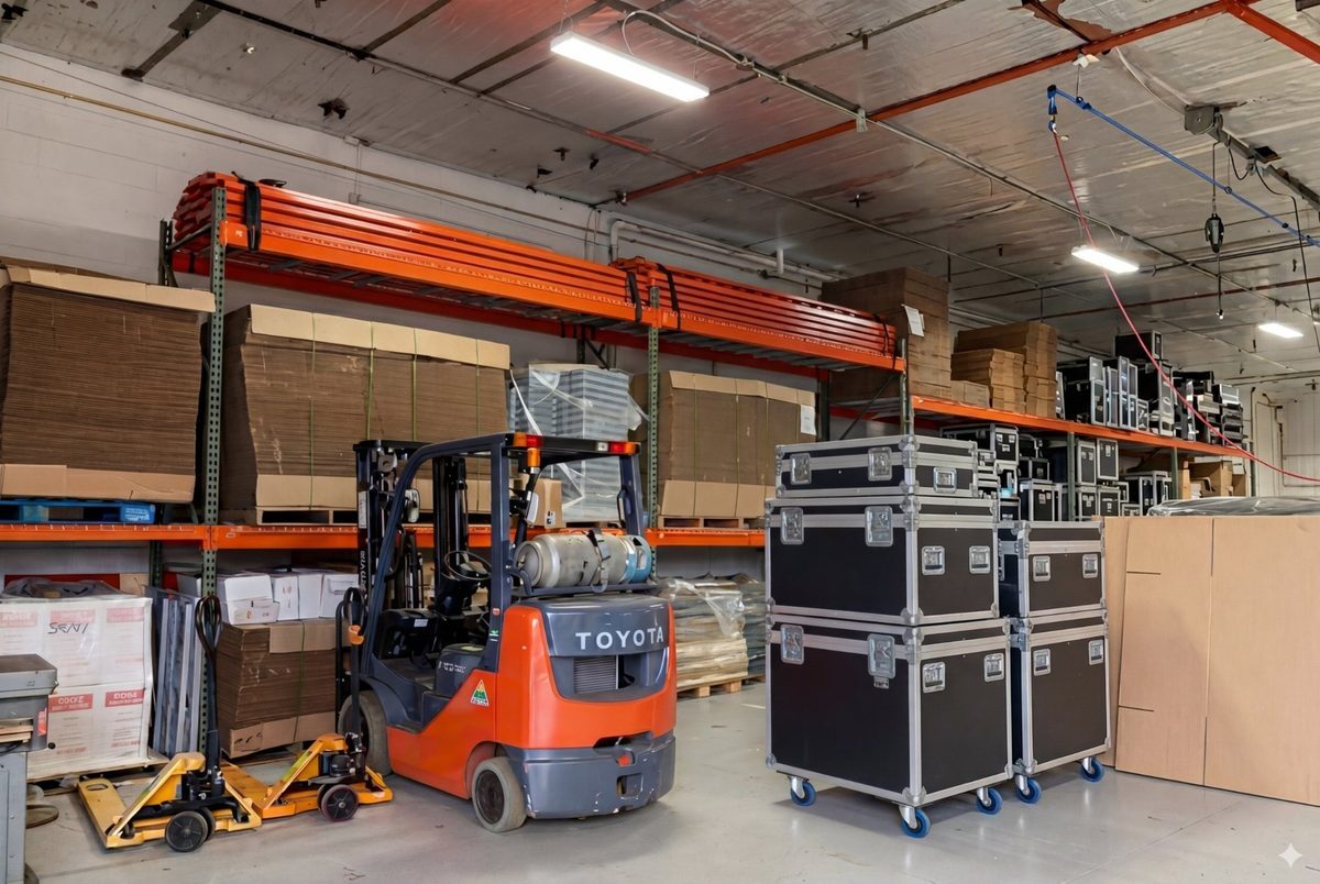 Road Cases USA warehouse with forklift and stacked cases