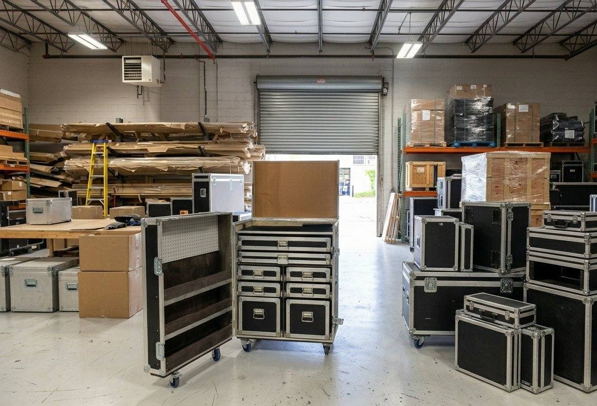 Custom workstation road case with drawers and shelves