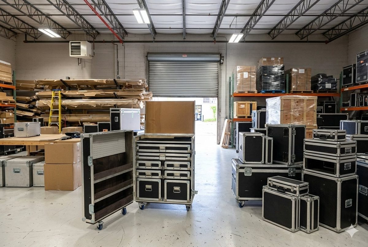 Custom workstation road case with drawers and shelves