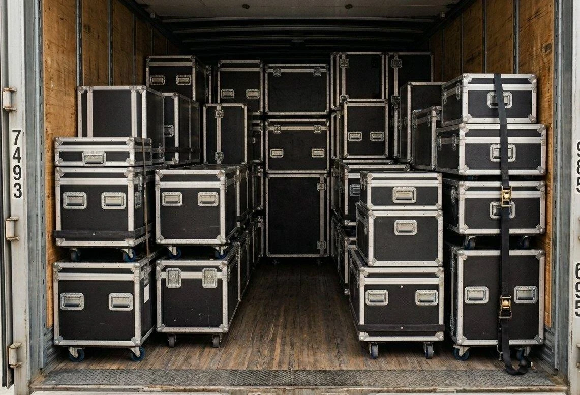 Road cases loaded and stacked in truck for transport
