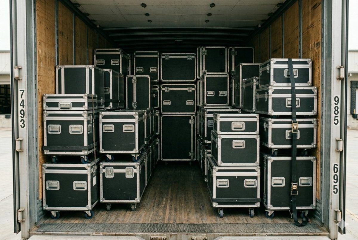 Road cases loaded and stacked in truck for transport