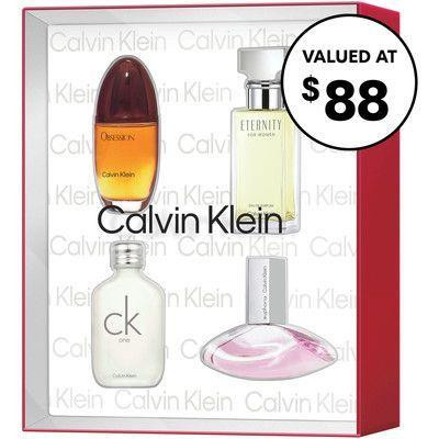 Calvin Klein 4-piece women's mini portable fragrance gift set with assorted travel-size perfumes in gift packaging.