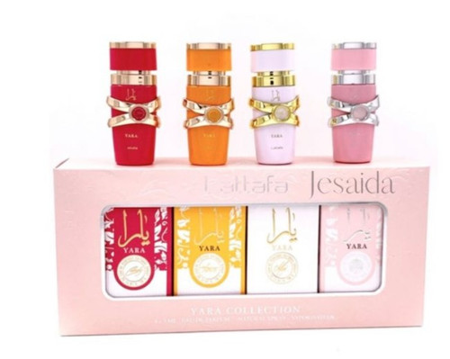 Lattafa Yara Collection 4pc EDP set featuring Yara, Yara Moi, Yara Tous, and Yara Candy