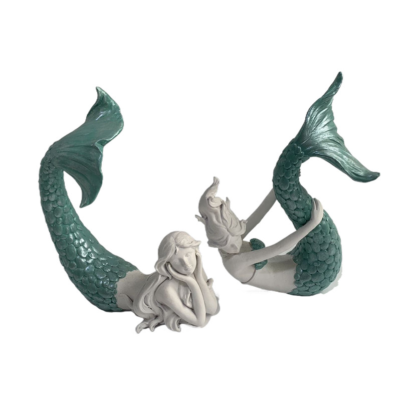 Blue Tail Up Mermaid Figurine Set - Nautical Decor - California