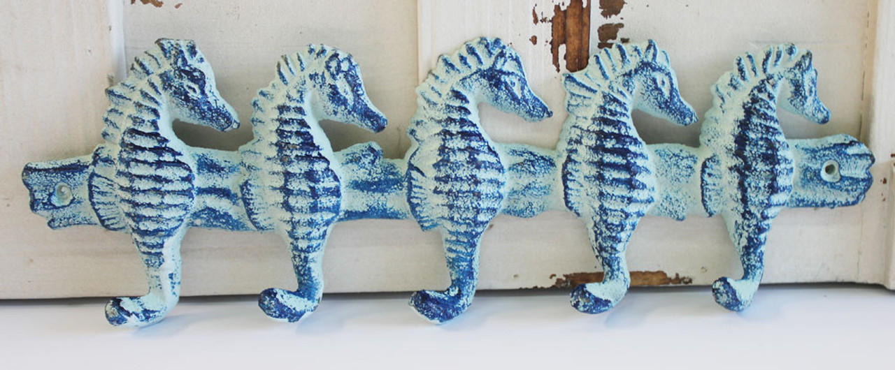Blue Five Seahorse Cast Iron Wall Hook - Coastal Key Ring or Towel