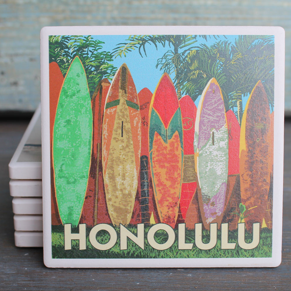 Honolulu Surfboard Fence Absorbent Beverage Coaster Lantern Press