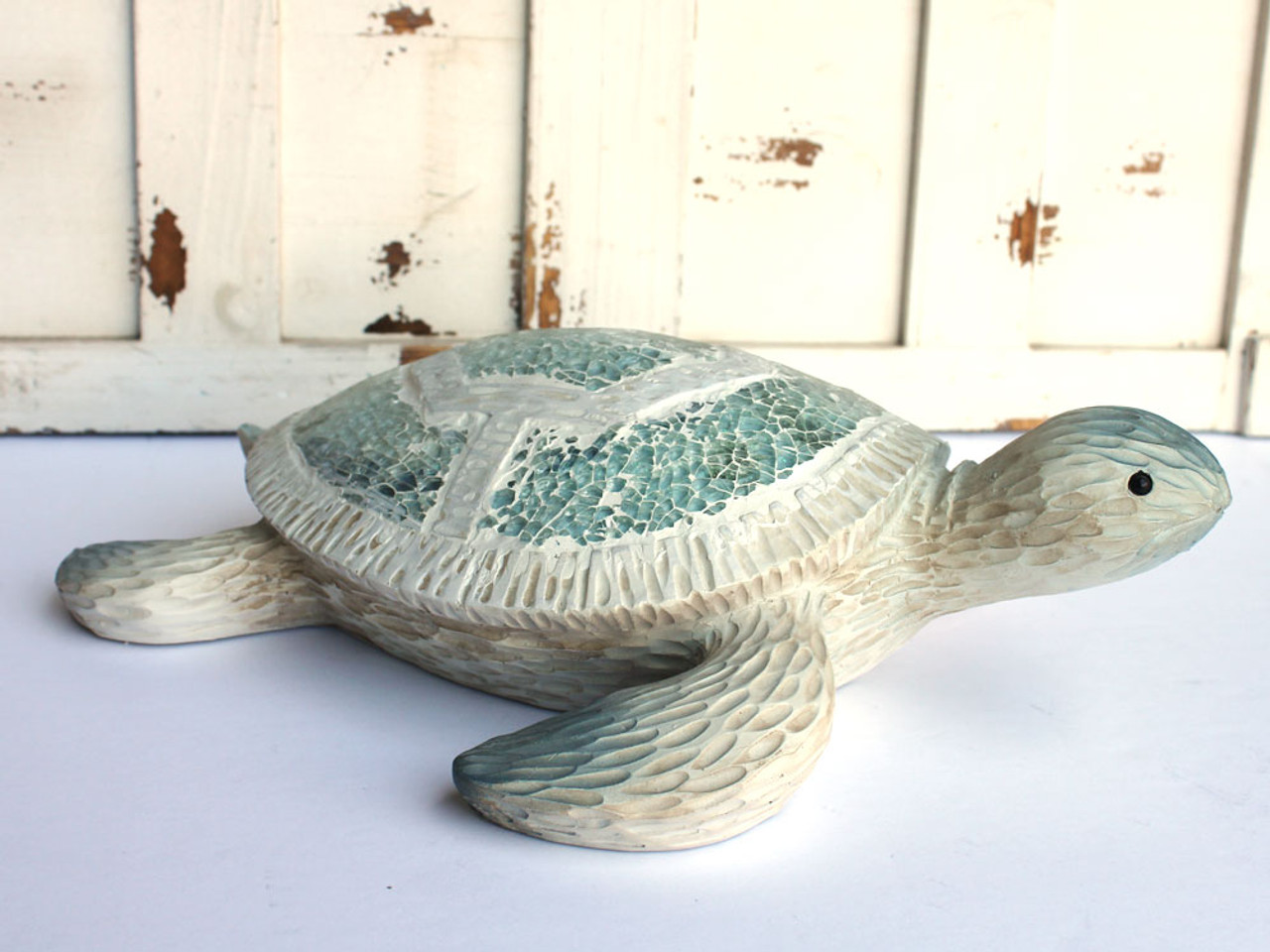 Large Crushed Glass Sea Turtle Figurine Inlaid Sea Glass Wood