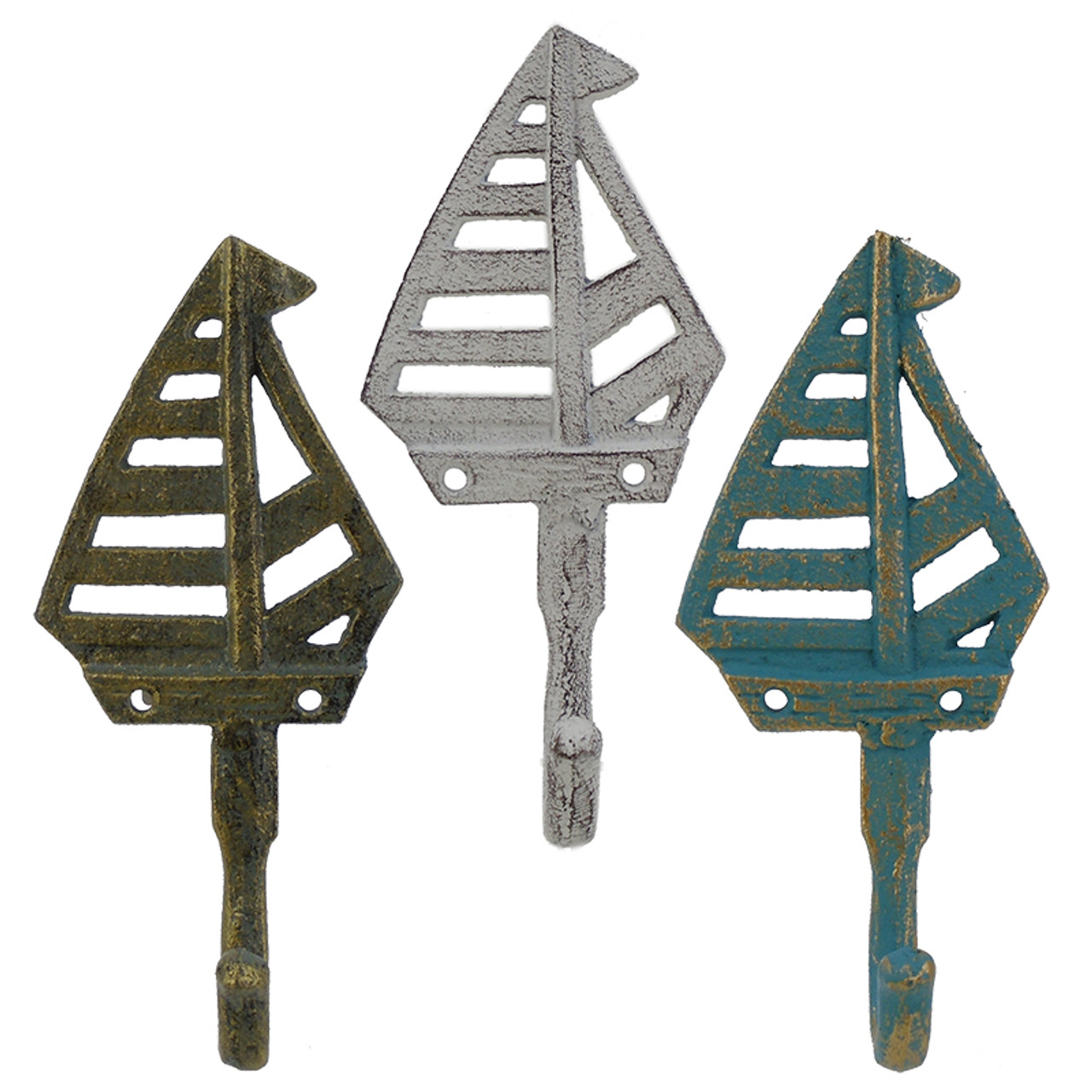 Sailboat Wall Hooks- Nautical Cast Iron Wall Hooks - California Seashell  Company