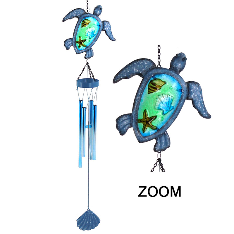 Blue Sea Turtle Metal & Glass Wind Chimes - Coastal Garden Decor ...