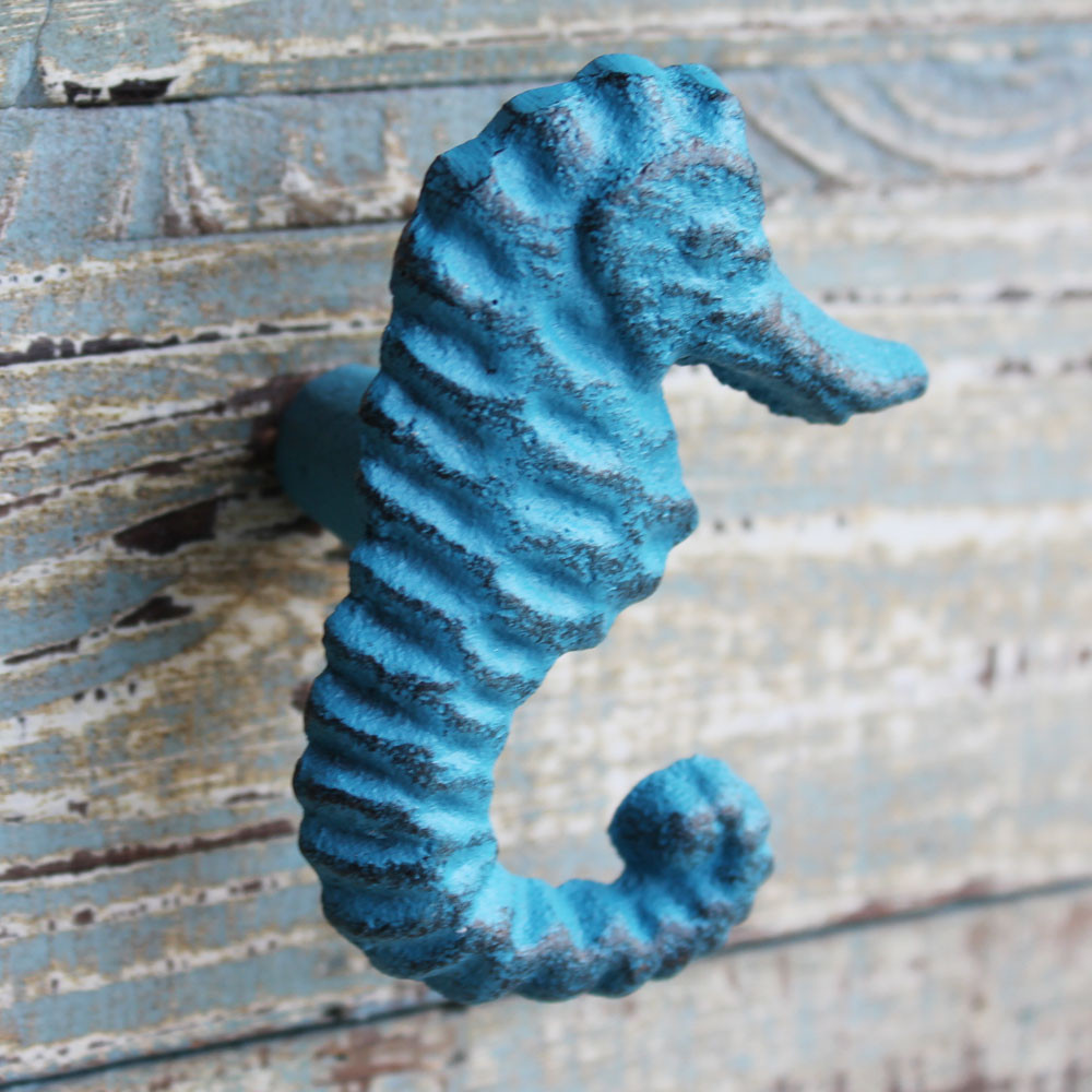 Blue Five Seahorse Cast Iron Wall Hook Coastal Key Ring or Towel