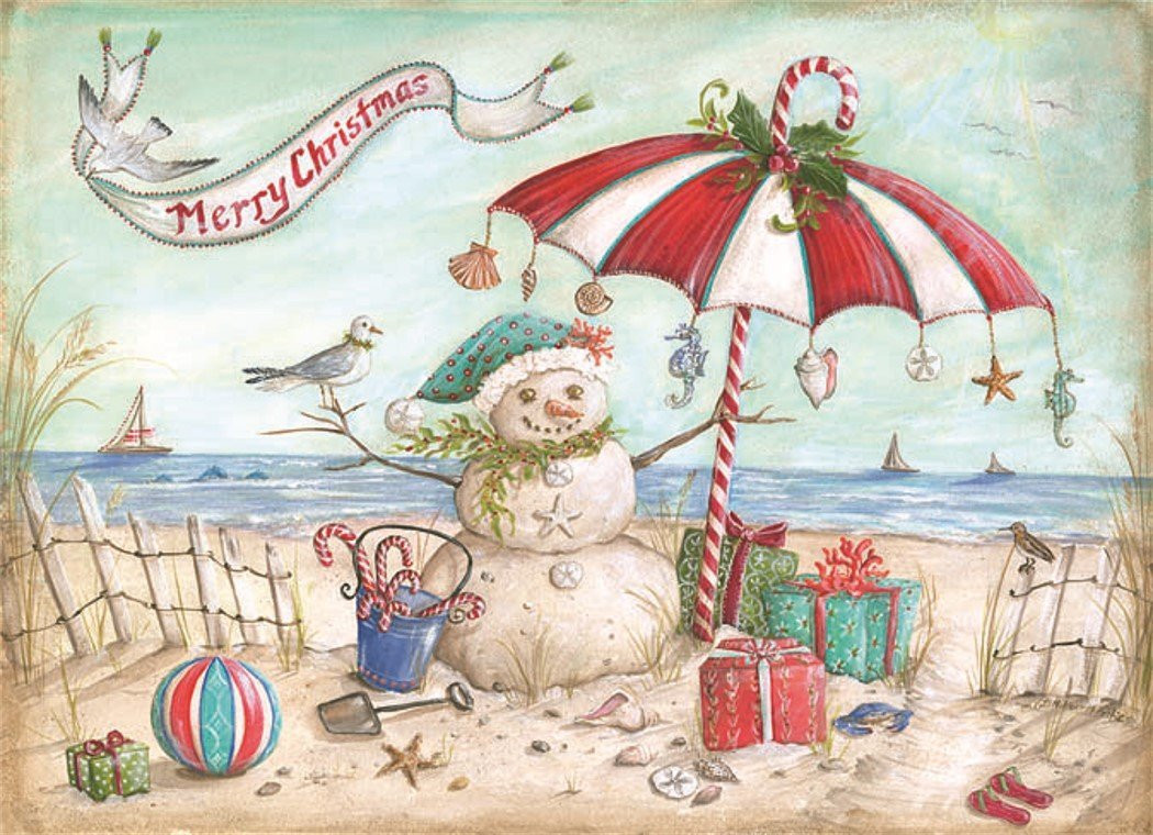 Santa Claus on the Beach Holiday Cards Coastal Christmas Stationery