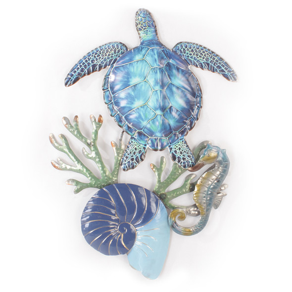 blue sea turtle with seahorse, coral and shell