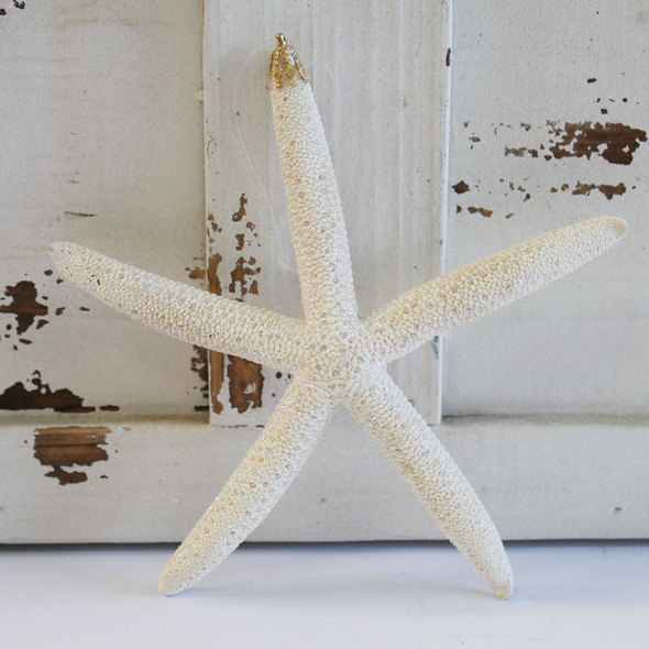 Large White Finger Starfish Glitter Ornament - Made in Huntington Beach, California, USA