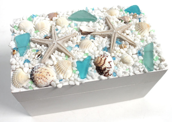 White Box with Blue and Green Sea Glass