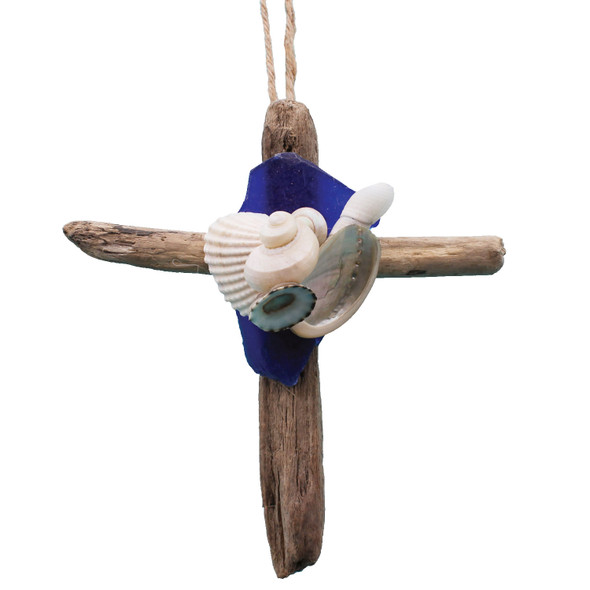 Driftwood Cross Ornament with Dark Blue Sea Glass