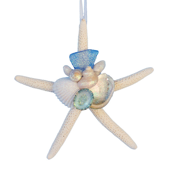 White Finger Starfish Collage Ornament with Light Blue Sea Glass