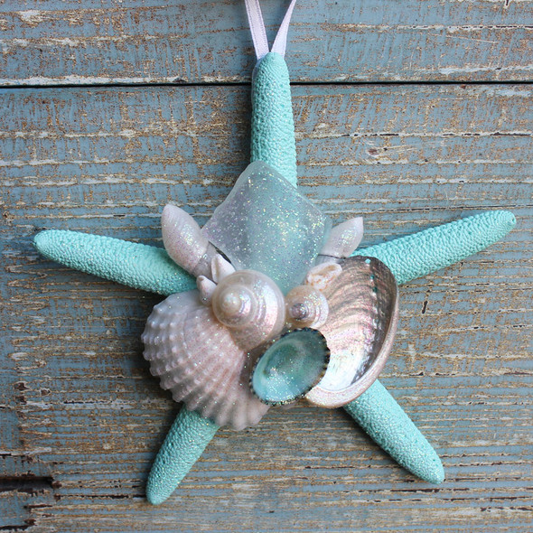 Aqua Starfish Collage Ornament with White Sea Glass