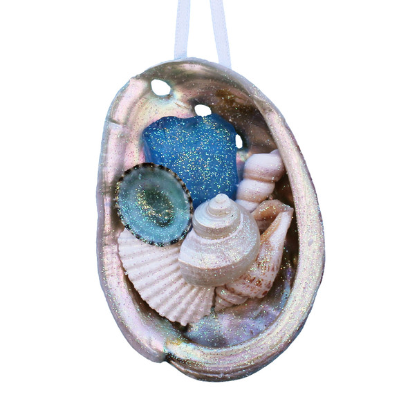 Light Blue Sea Glass Abalone Collage Ornament 