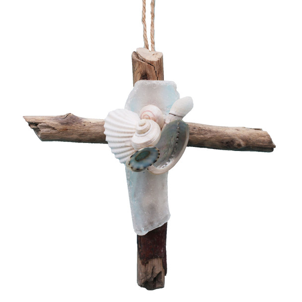 Driftwood Cross Ornament with White Sea Glass