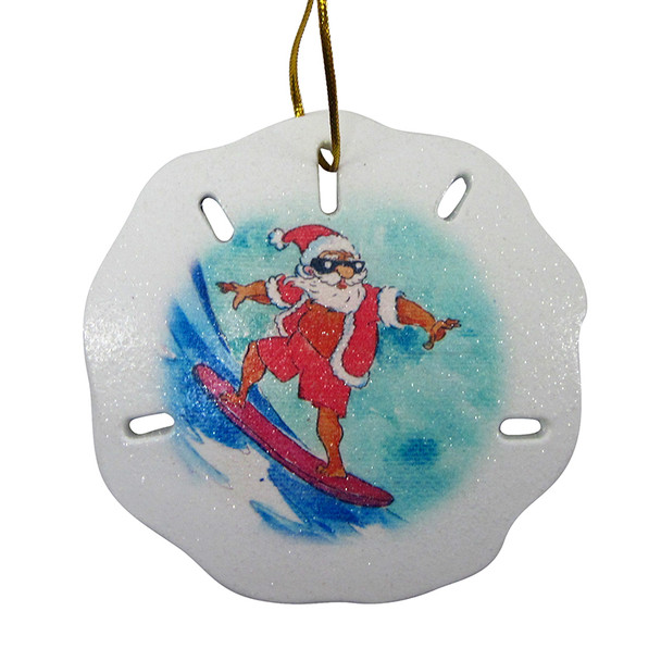 Surfing Santa Sand Dollar Ornament