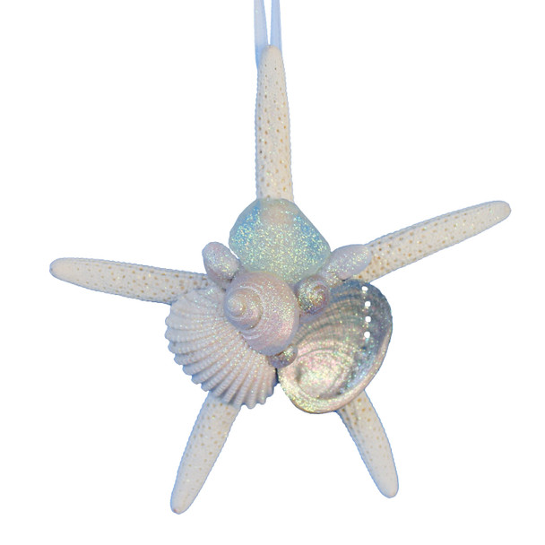 White Finger Starfish Ornament with White Sea Glass