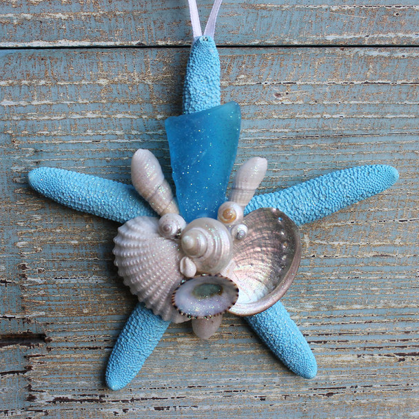 Light Blue Sea Glass on a Blue Starfish Collage Ornament