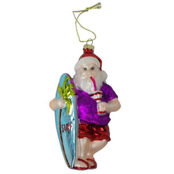 Surfing Santa Blown Glass Ornament